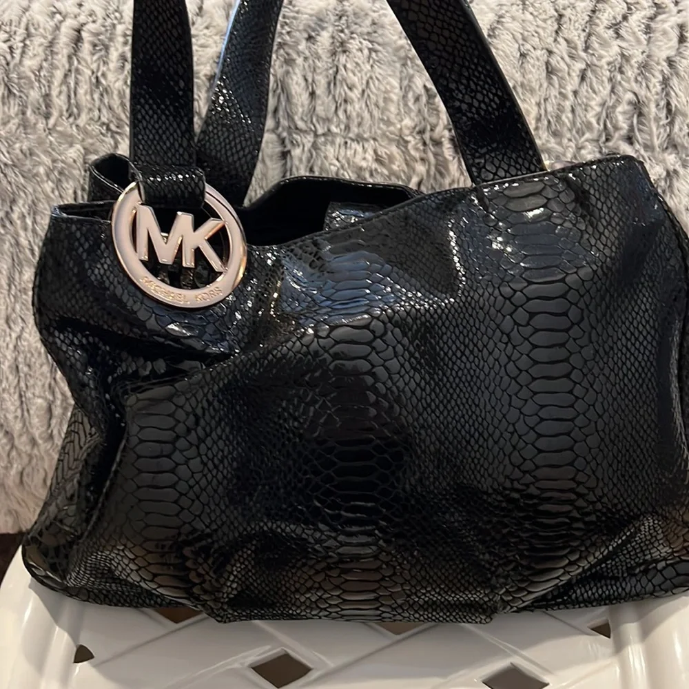 Michael Kors Fulton Black Snake skin Genuine Leather Tote Bag with Gold …